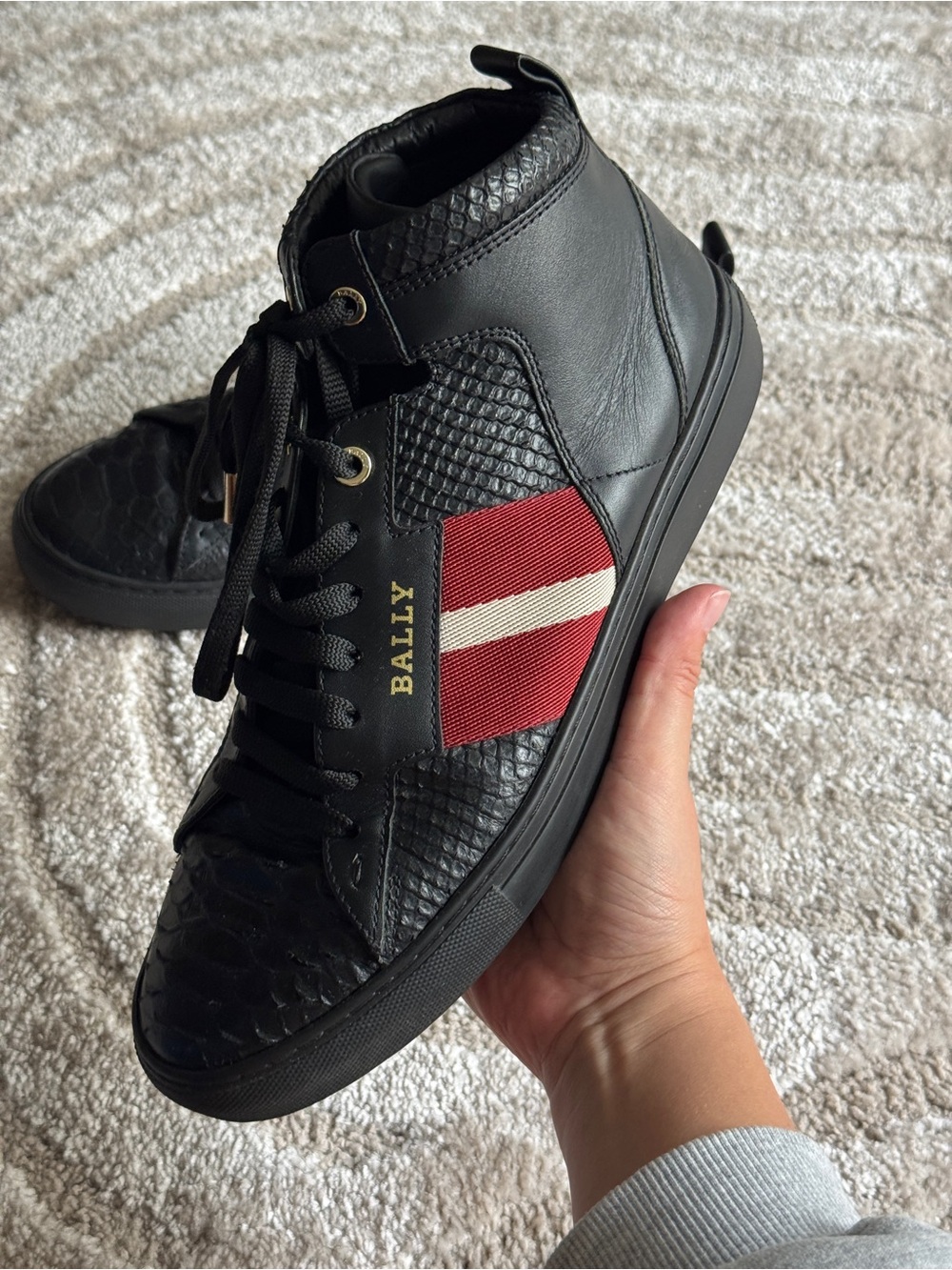 Bally Black Leather High-Top Sneaker with Red and Cream Stripe